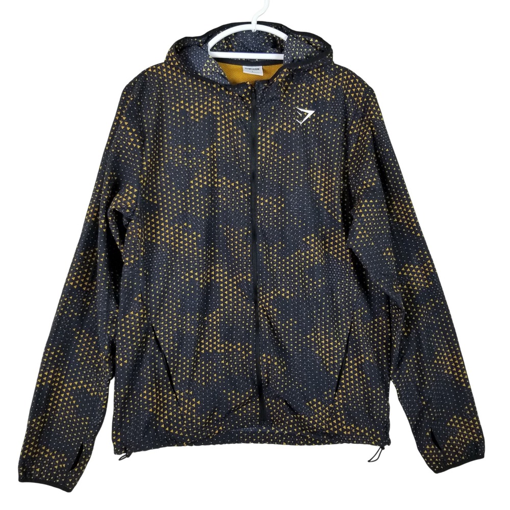 Gymshark Windbreaker Jacket Mens Large Black Gold Geometric Triangle A2A7I